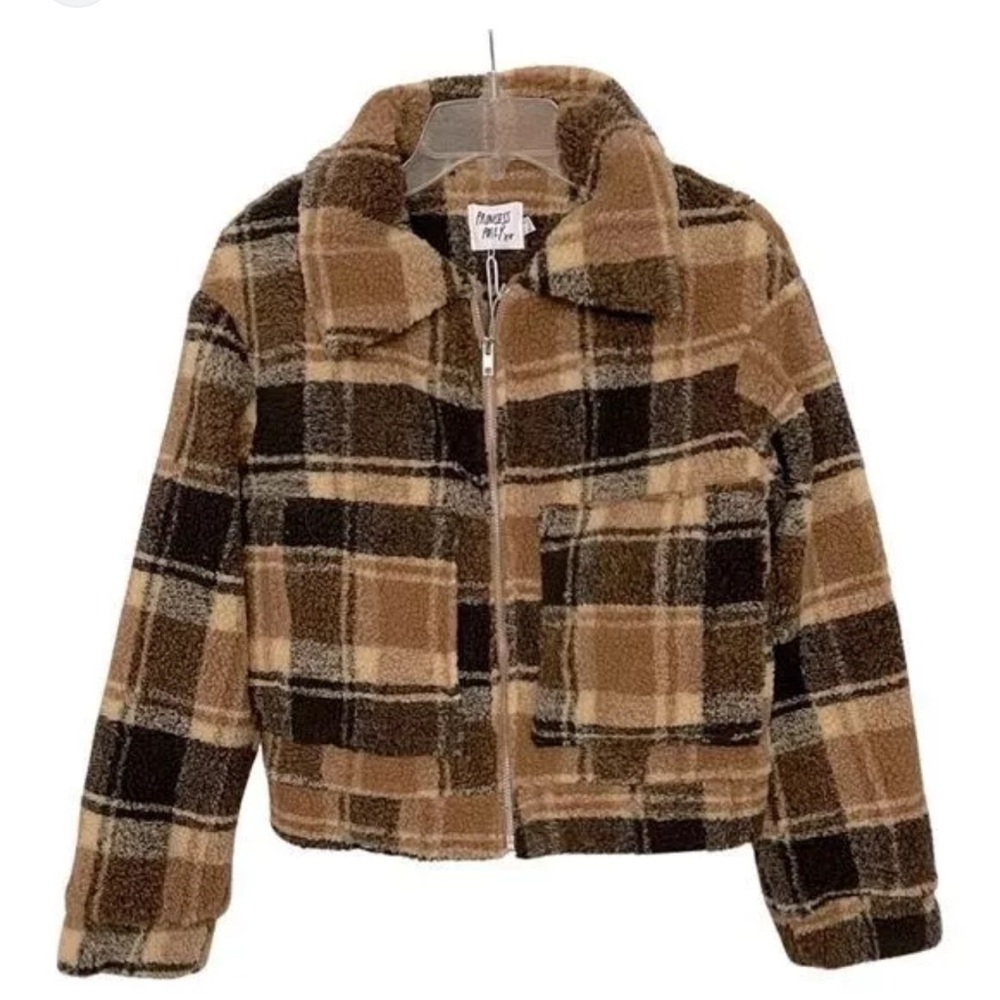 Plaid fuzzy teddy brown jacket - Princess Polly